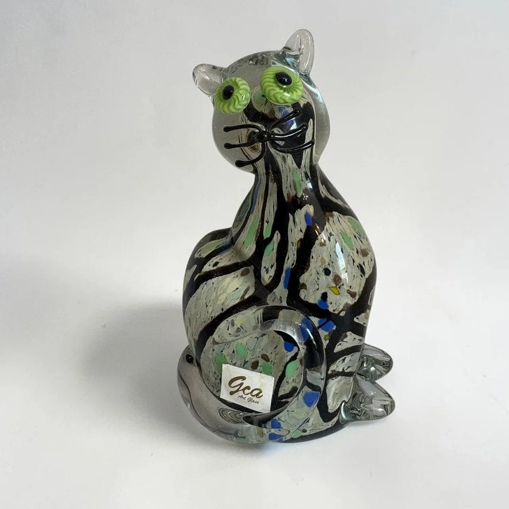 GCA Art Glass Cat Figurine Multicolor Confetti Swirl Green Eyes 6.5